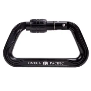 Image of a black Omega Pacific Standard D Aluminum Keylock Screw-Lok NFPA with a screw-lock gate. The carabiner is in the shape of a rounded rectangle with the brand name "OMEGA PACIFIC" and logo printed in white on the side.