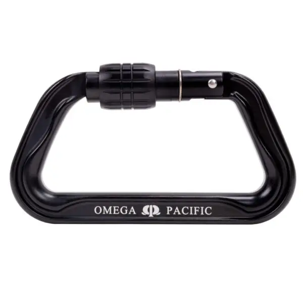 Image of a black Omega Pacific Standard D Aluminum Keylock Screw-Lok NFPA with a screw-lock gate. The carabiner is in the shape of a rounded rectangle with the brand name "OMEGA PACIFIC" and logo printed in white on the side.