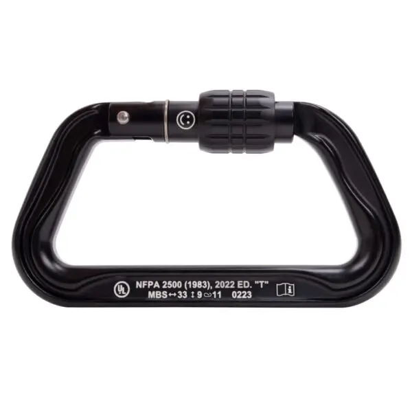 A black, rectangular Omega Pacific Standard D Aluminum Keylock Screw-Lok NFPA with a screw-lock mechanism. The carabiner has various markings, including "NFPA 2500 (1983), 2022 ED. 'T'," and "MBS=33 [9=11] 0223." There is a UL certification logo on the left side.