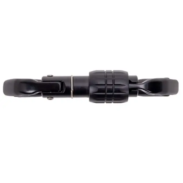 A black, sleek, and compact Omega Pacific Standard D Aluminum Keylock Screw-Lok NFPA, viewed from the side. The handle is ergonomically designed with a textured grip in the middle segment. The blade appears retracted, making the knife appear closed.