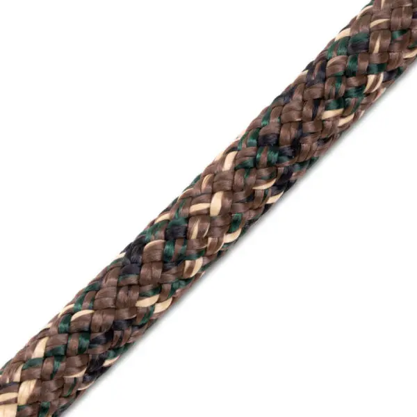 Close-up image of a multi-colored, braided rope with green, brown, black, and beige strands. The texture of the rope is clearly visible, showcasing the tight and intricate weaving pattern. The background is plain white. Product Name: Ape Canyon Outfitters 9.5mm Ghillie
