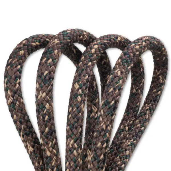 Close-up view of a bundle of looped, multi-colored braided ropes. The Ape Canyon Outfitters 9.5mm Ghillie ropes have a woven texture with shades of brown, beige, and green, arranged neatly against a white background.