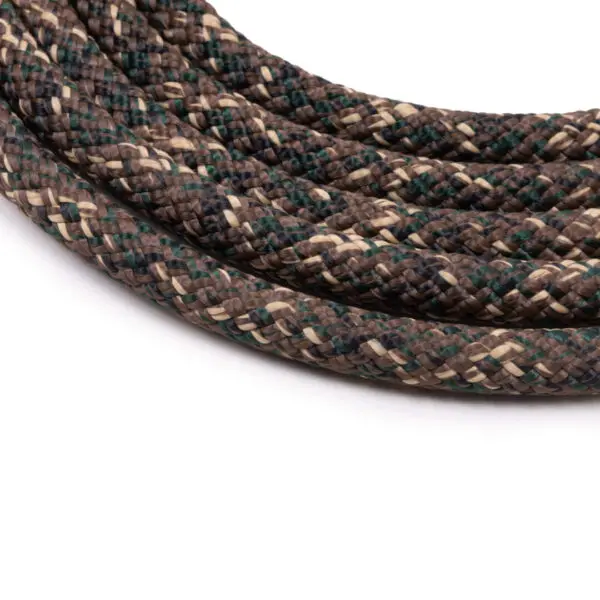 Close-up of Ape Canyon Outfitters 9.5mm Ghillie with a braided pattern in brown, beige, and dark green colors. The rope is thick and tightly intertwined, showcasing the intricate details of its construction. The background is plain white.
