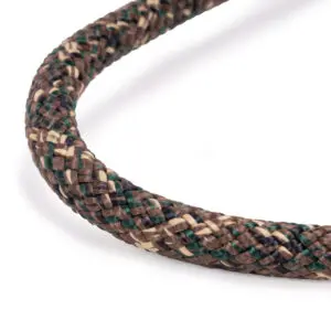 Close-up photograph of an Ape Canyon Outfitters 9.5mm Ghillie with a complex, multi-color pattern of brown, tan, and green. The rope has a sturdy and thick appearance, suggesting it is suited for heavy-duty use or outdoor activities. The background is plain white.