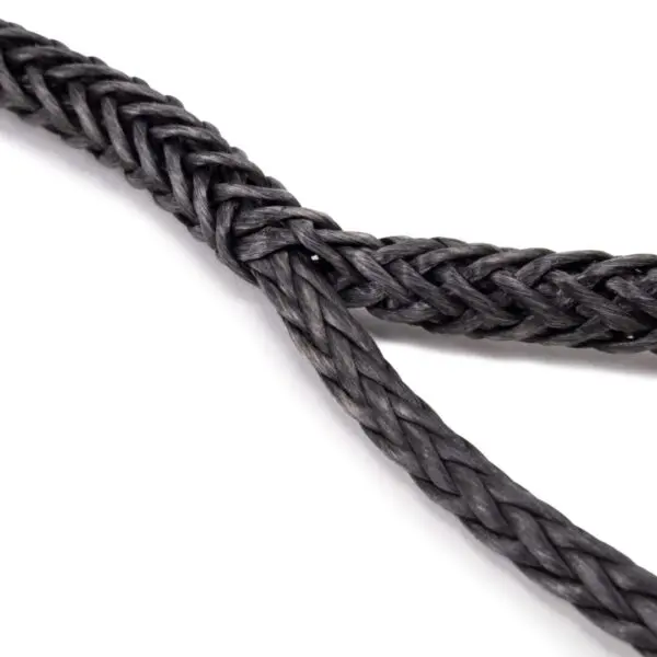 Close-up of an Ape Canyon Outfitters Steel Specter Whoopie 6' with two strands intertwined against a white background. Each strand is tightly woven, showcasing the texture and complexity of the braiding.