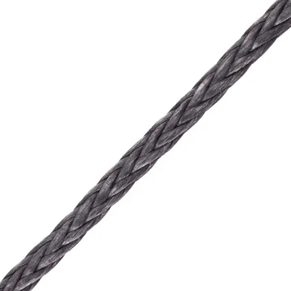 A close-up of the Ape Canyon Outfitters Steel Specter Whoopie 6' oriented diagonally against a white background. The rope appears to be made of synthetic fibers, displaying a tight, intricate weave pattern.