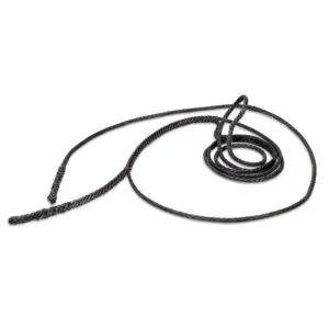 A black Ape Canyon Outfitters Steel Specter Whoopie 6' is coiled in the center with one loose end extended toward the top left corner and another end toward the bottom. The braid is intricate and uniform, indicating a strong and durable construction. The background is plain white.