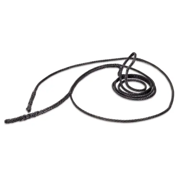 A black Ape Canyon Outfitters Steel Specter Whoopie 6' is coiled in the center with one loose end extended toward the top left corner and another end toward the bottom. The braid is intricate and uniform, indicating a strong and durable construction. The background is plain white.