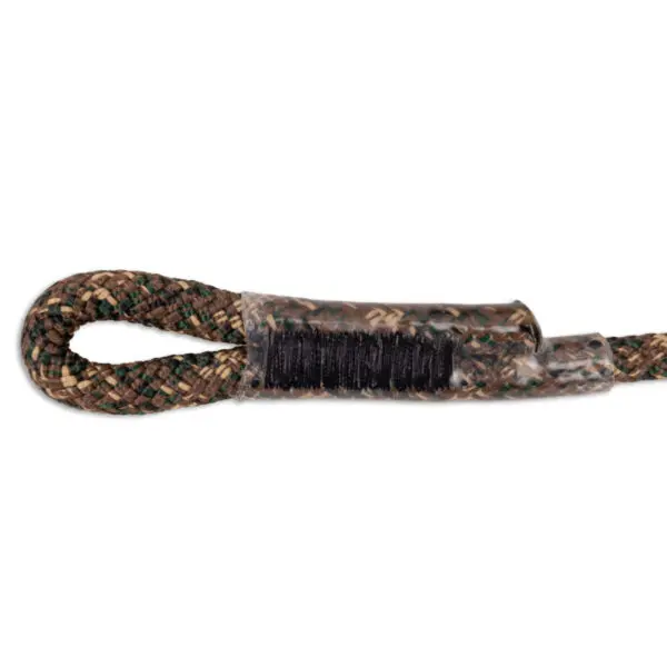 A close-up of the Ape Canyon Outfitters Climbing Line and Saddle Pouch Combo with an integrated sleeve halfway through its length. The rope is primarily earth-toned with shades of green, brown, and beige and the sleeve is wrapped in black thread and covered with a transparent protective coating.