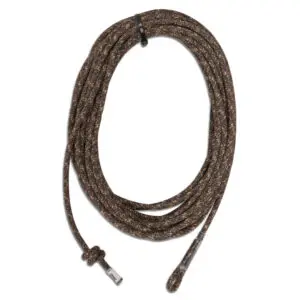 A coiled brown fabric-covered electrical cord with a plug on one end and a wrapped, twisted portion near the other end. The Ape Canyon Outfitters Climbing Line and Saddle Pouch Combo is held together with a black plastic band in the center.