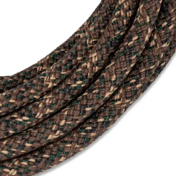 Close-up image of a coiled, multi-colored braided rope. The Ape Canyon Outfitters One Stick Rappel Kit features an intricate pattern with various shades of brown, beige, and green, creating a textured and sturdy appearance.