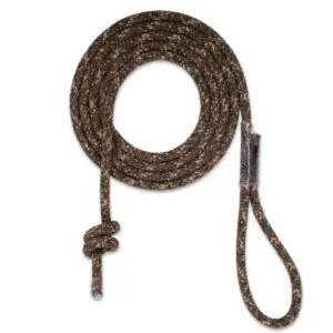 A coiled Ape Canyon Outfitters 9.5mm Tree Tether with a knotted end and a loop on the other end, placed against a white background.