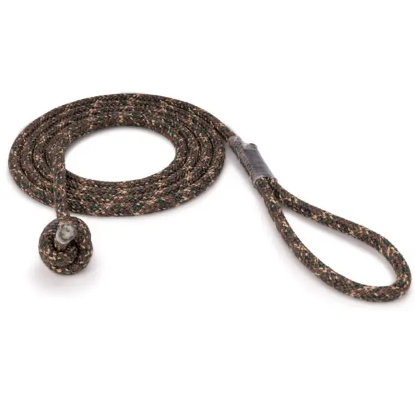 A coiled brown and black braided Ape Canyon Outfitters 9.5mm Tree Tether with a looped handle on one end and a knot at the other, isolated on a white background.
