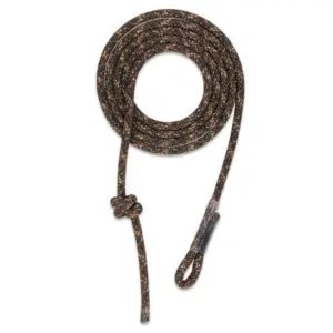 A coiled brown Ape Canyon Outfitters 9.5mm Lineman Belt with a multi-colored pattern, featuring a secure knot at one end and a loop with a protective sleeve at the other end. The belt is neatly arranged against a white background.