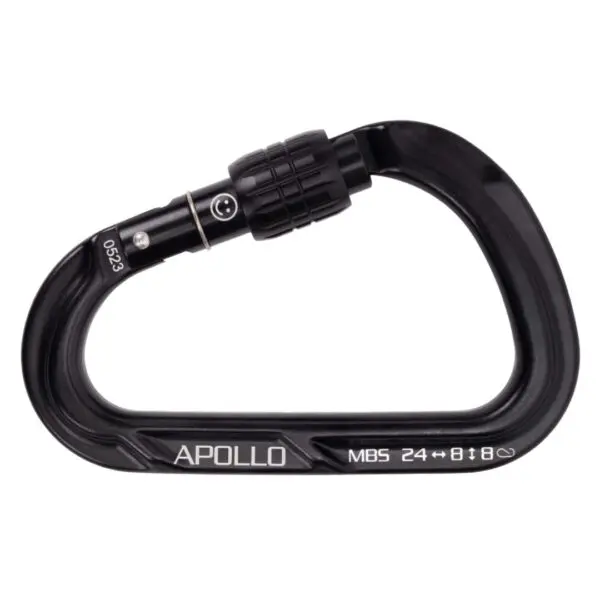 A black carabiner with the brand name "Omega Pacific Apollo Aluminum Keylock Screw-Lok" printed on it in white. The carabiner is labeled with "MBS 24 ↔ 8 18," indicating its strength rating. It also features a screw-lock mechanism for added safety and a small "0523" marking on the side.