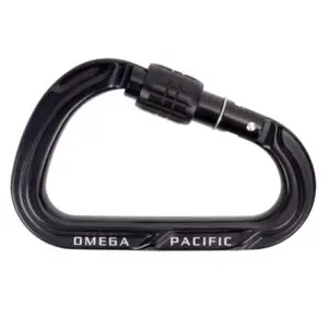 A black Omega Pacific Apollo Aluminum Keylock Screw-Lok with a sleek, oval shape. The carabiner has a twist-lock mechanism and the brand name "OMEGA PACIFIC" is printed in white on the bottom side.