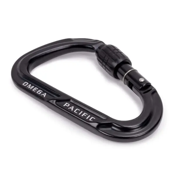 A black Omega Pacific Apollo Aluminum Keylock Screw-Lok carabiner with a screw-lock mechanism. The carabiner is oval-shaped with a smooth, shiny finish, and the words "OMEGA PACIFIC" are engraved on one side.