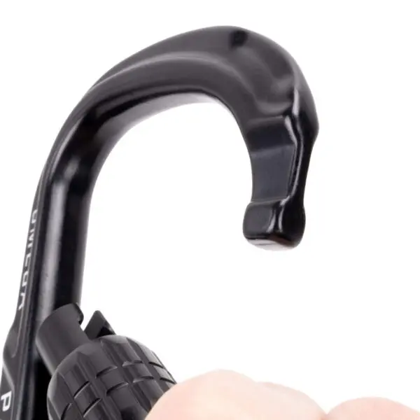 Close-up image of a black Omega Pacific Apollo Aluminum Keylock Screw-Lok. The lock has a curved metal hook design and a textured grip at the base. The background is plain white, emphasizing the details of the hook lock mechanism.