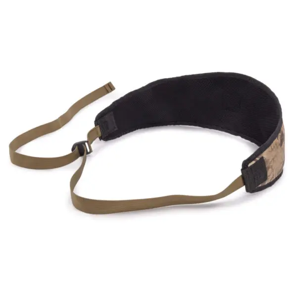 The Ape Canyon Outfitters Lazy Hunter Band Kryptek Highlander is a padded, black and tan camera shoulder strap with adjustable brown nylon straps and plastic buckles. The main neck cushion section is thick and curved for comfort. This strap is designed to be attached to a camera to ease carrying.