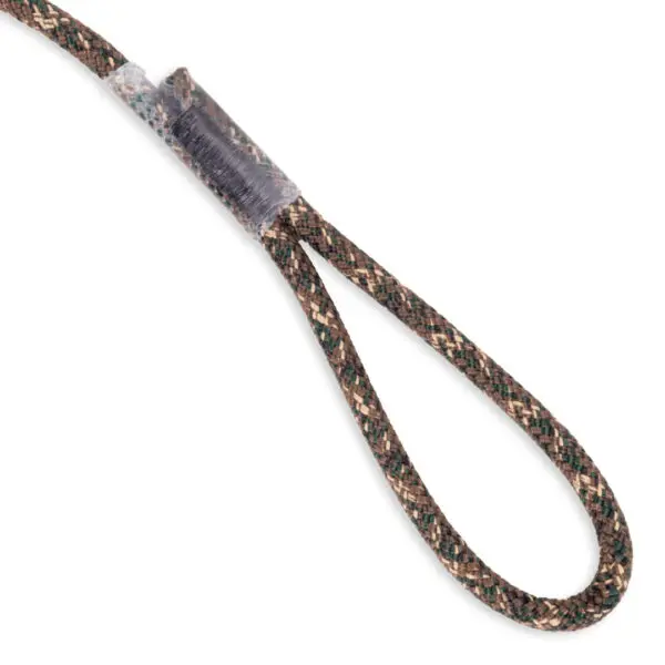 A close-up image of a looped end of a brown, black, and beige braided rope from the Ape Canyon Outfitters 9.5mm Ghillie Tether Kit. The loop is secured with clear plastic wrapping.