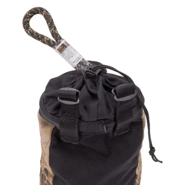 A black, drawstring Ape Canyon Outfitters Climbing Line and Saddle Pouch Combo with two belt loops and a small information tag, featuring a colorful, looped cord for attaching to equipment. The exterior has a camouflage pattern on the sides.
