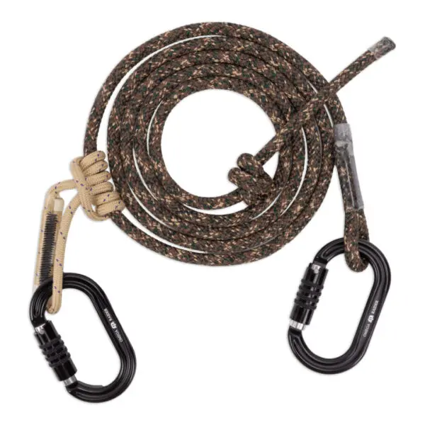A coiled, multi-colored climbing rope with two black carabiners attached at either end. The Ape Canyon Outfitters 9.5mm Ghillie Lineman Belt Kit includes stitched eyelets, and a prusik knot is visible on one side.