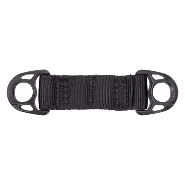 A black, adjustable strap with plastic buckles on both ends, designed likely for securing items or use in outdoor gear and equipment. The central fabric portion appears wide and durable, with reinforced stitching for added strength and longevity. This is the Ape Canyon Outfitters Lanyard Minder.