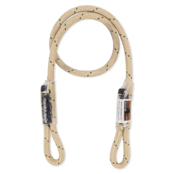 A beige Ape Canyon Outfitters 6mm TRC Eye to Eye Hitch Cord 23" with black specks, coiled in a loop with protective tape on both looped ends. The cord is designed for climbing and outdoor activities, ensuring safety and durability.