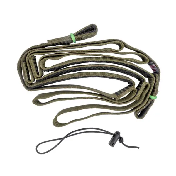 A coiled olive green Ape Canyon Outfitters 3 Step Aider with multiple loops, secured by green bands. Below the aider lies a smaller black cord with an adjustable toggle. The aider appears designed for outdoor or utility use.
