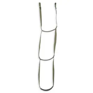 A narrow webbing ladder with three steps made of green fabric loops. The ladder has straps at the top for securing it. The simple design is commonly used for climbing in outdoor activities or rescue operations. The image shows the Ape Canyon Outfitters 3 Step Aider against a white background.
