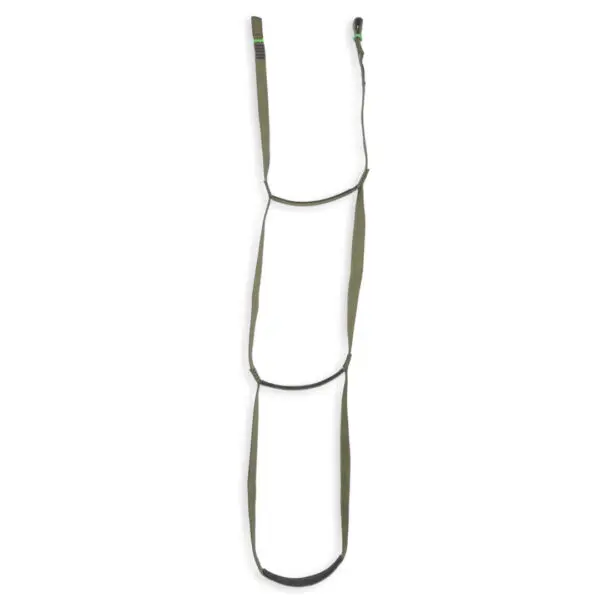 A narrow webbing ladder with three steps made of green fabric loops. The ladder has straps at the top for securing it. The simple design is commonly used for climbing in outdoor activities or rescue operations. The image shows the Ape Canyon Outfitters 3 Step Aider against a white background.