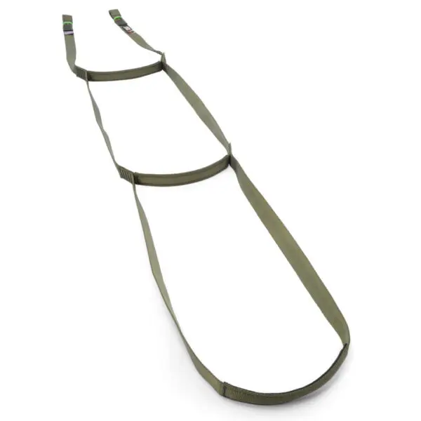 An olive-green polyester straps used for Ape Canyon Outfitters 3 Step Aider. The setup includes handles and foot cradles, designed for bodyweight exercises to enhance strength and flexibility.