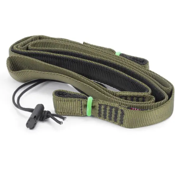 A coiled, olive green nylon strap with black detailing and a green hook clasp. It features a black clip attachment at one end, with a green adjustable band on the strap. The Ape Canyon Outfitters 2 Step Aider appears to be suitable for outdoor or tactical use.