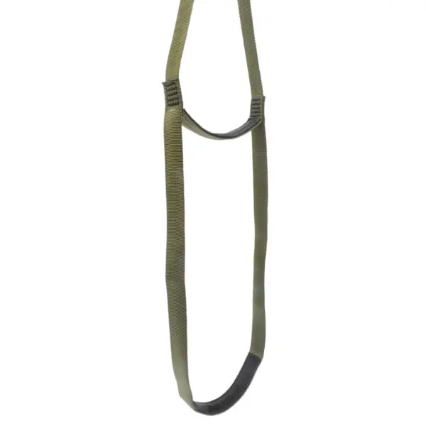 A khaki green sling resembling a figure-eight loop with reinforced stitching at the joints. The material appears to be durable fabric, suitable for lifting or securing objects, like the Ape Canyon Outfitters 2 Step Aider.