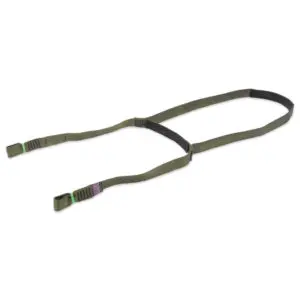 An Ape Canyon Outfitters 2 Step Aider with black accents, adjustable straps, and clips. The aider has a patch featuring a small American flag near one end. The design appears rugged and suitable for outdoor or military use.
