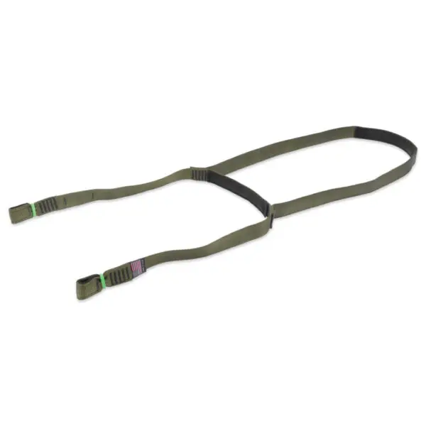 An Ape Canyon Outfitters 2 Step Aider with black accents, adjustable straps, and clips. The aider has a patch featuring a small American flag near one end. The design appears rugged and suitable for outdoor or military use.