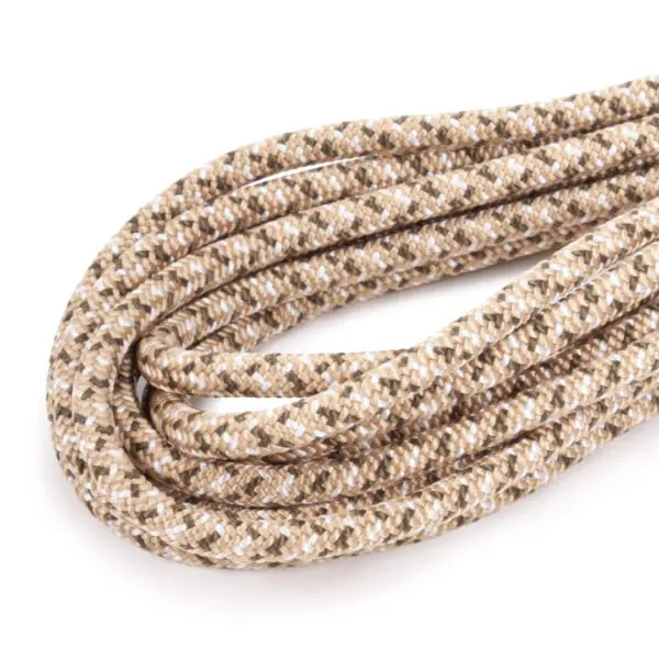 Close-up image of a coiled, braided Ape Canyon Outfitters 6mm Nylon Wilderness Cord with a beige, white, and brown color pattern. The cord appears to be made of durable synthetic material, suitable for various uses such as decorations, crafting, or utility purposes.