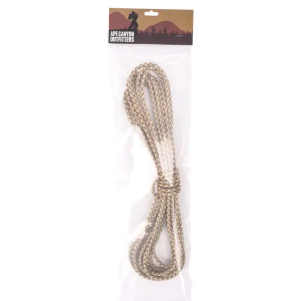 A coiled beige and white braided rope is packaged in a clear plastic bag. The top of the packaging features a label that reads "Ape Canyon Outfitters 6mm Nylon Wilderness Cord" with a silhouette of a gorilla and mountain scenery in the background.