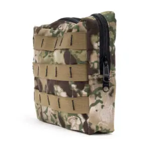 A small, Ape Canyon Outfitters One Stick Saddle Pouch Obskura Transitional with MOLLE (Modular Lightweight Load-carrying Equipment) webbing on the front. The camouflage pattern features various shades of green, brown, and tan. The zipper runs across the top and partially down one side.