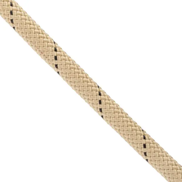 A close-up of a tan Ape Canyon Outfitters Rogue 9.5mm braided rope with black threads interwoven in its pattern, shown diagonally from the bottom left to the top right. The texture and weave of the rope are clearly visible.