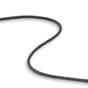 A close-up view of a thin, black, braided Ape Canyon Outfitters 2.2mm Arachnid, curving smoothly across a white background. The rope's texture and twists are visible, highlighting its interwoven fibers.
