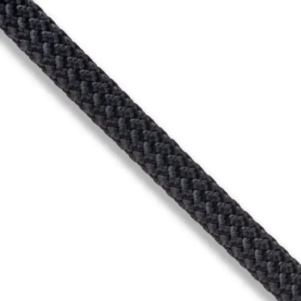 Close-up of a section of an Ape Canyon Outfitters 9.5mm Raven laid diagonally across a white background. The rope's intricate weave pattern and texture are clearly visible.