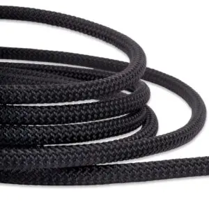 Close-up image of several loops of Ape Canyon Outfitters 9.5mm Raven. The rope has a detailed, textured surface and is neatly coiled against a plain white background.