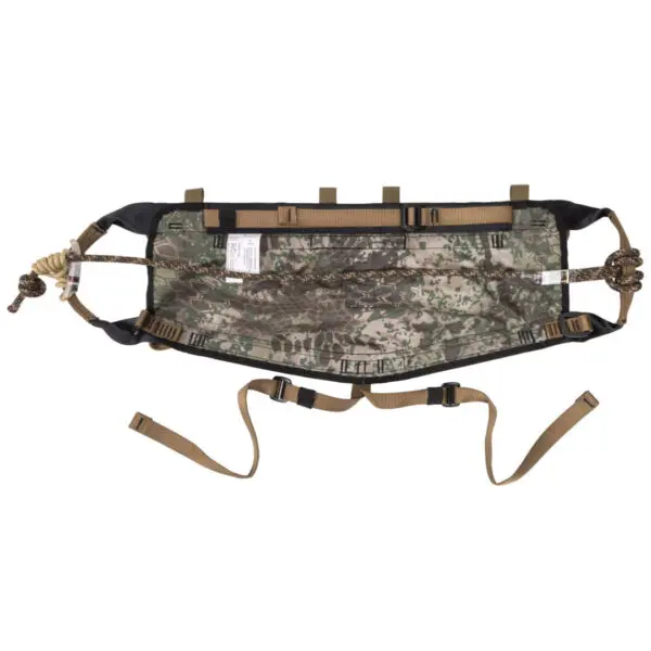 The Ape Canyon Outfitters Pioneer Saddle Obskura Transitional is a camouflage-patterned tactical belt with multiple loops and clips, designed for carrying equipment. It features adjustable straps and sturdy buckles. The overall design is robust, suitable for outdoor or military use.