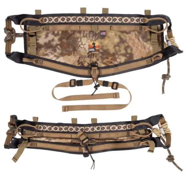 Two views of an Ape Canyon Outfitters Pioneer Saddle Highlander with an American flag patch and a centered logo. It features multiple loops and straps, including a detachable strap for added support. The belt has a camouflage pattern with tan and black accents.