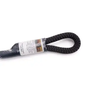 A close-up image of a black braided loop with reinforced stitching. The loop has a white label attached that includes printed text and a barcode. The background is plain white. The product is the Ape Canyon Outfitters 9.5mm Raven With Squatch Splice.