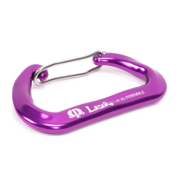 A purple Omega Pacific Lava Wiregate with a silver wire gate. The carabiner has "Lova" and the phrase "It is possible" engraved on its side. The carabiner is placed on a plain white background.