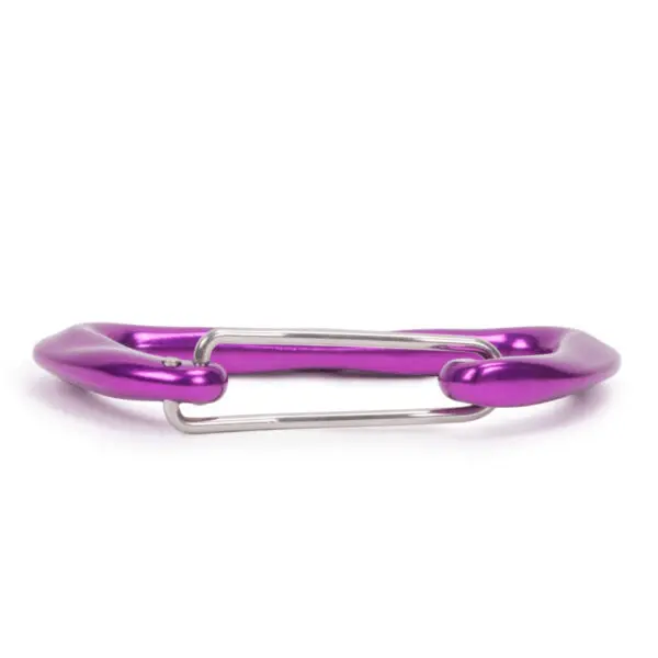 A purple Omega Pacific Lava Wiregate with a sleek, polished finish and a metal gate. The Omega Pacific Lava Wiregate is designed for climbing and securing gear, laying flat against a white background.