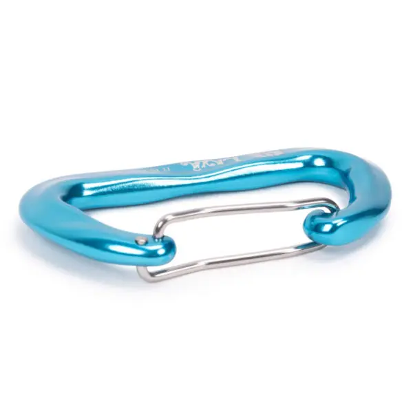 A blue Omega Pacific Lava Wiregate is shown. The carabiner has a shiny, metallic finish and is designed for climbing or securing equipment. The wire gate is silver and curved, connecting two ends of the carabiner.