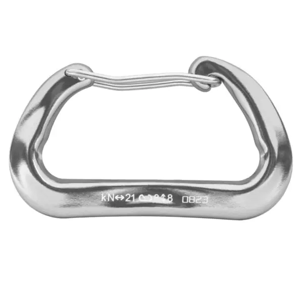 A silver Omega Pacific Lava Wiregate, featuring a curved D-shape design. The carabiner has markings that read "kN 21↔ 8↕ 08.23" indicating its strength ratings.